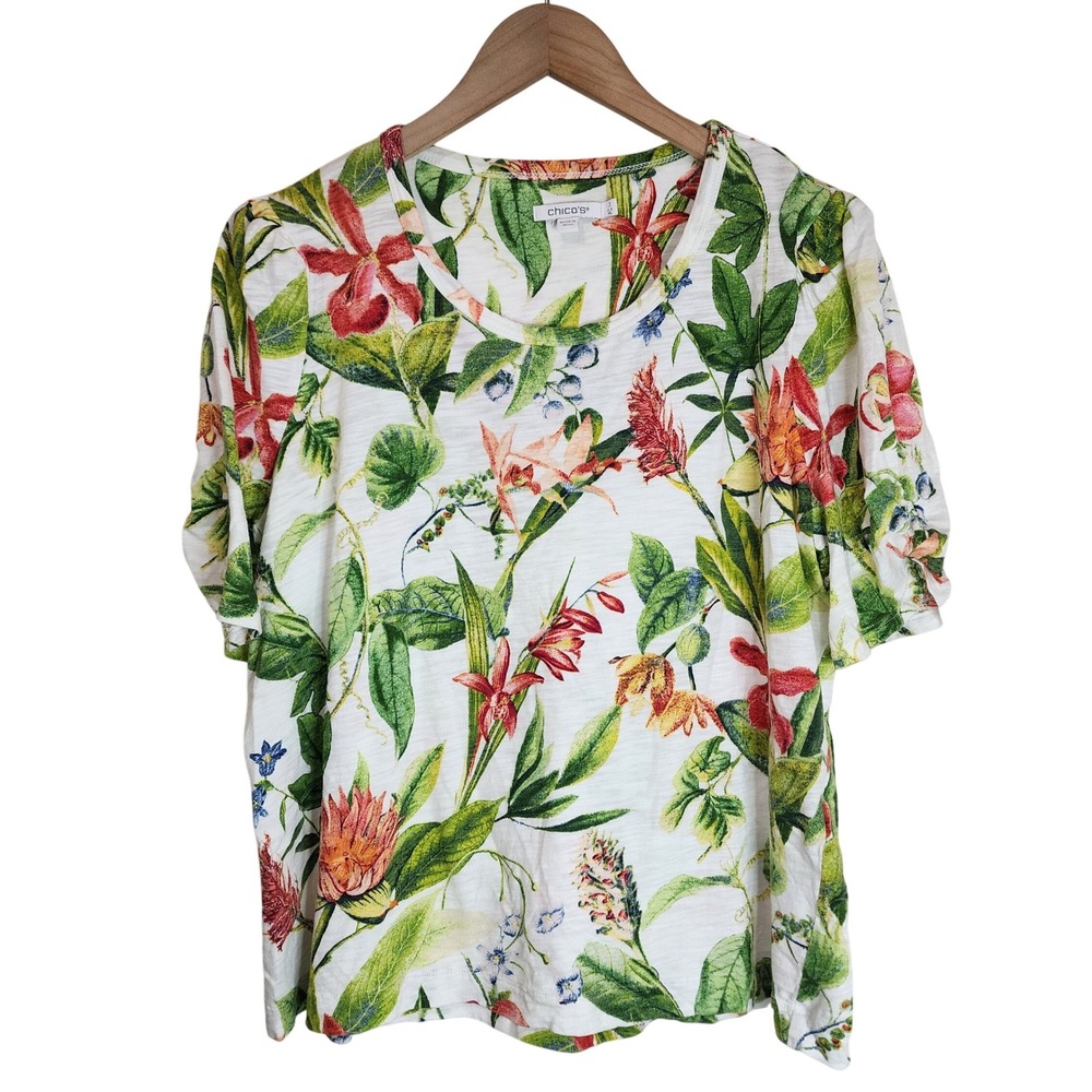 Chico's Top Women's 3 XL Floral Modal‎ Short Sleeve White Multicolor